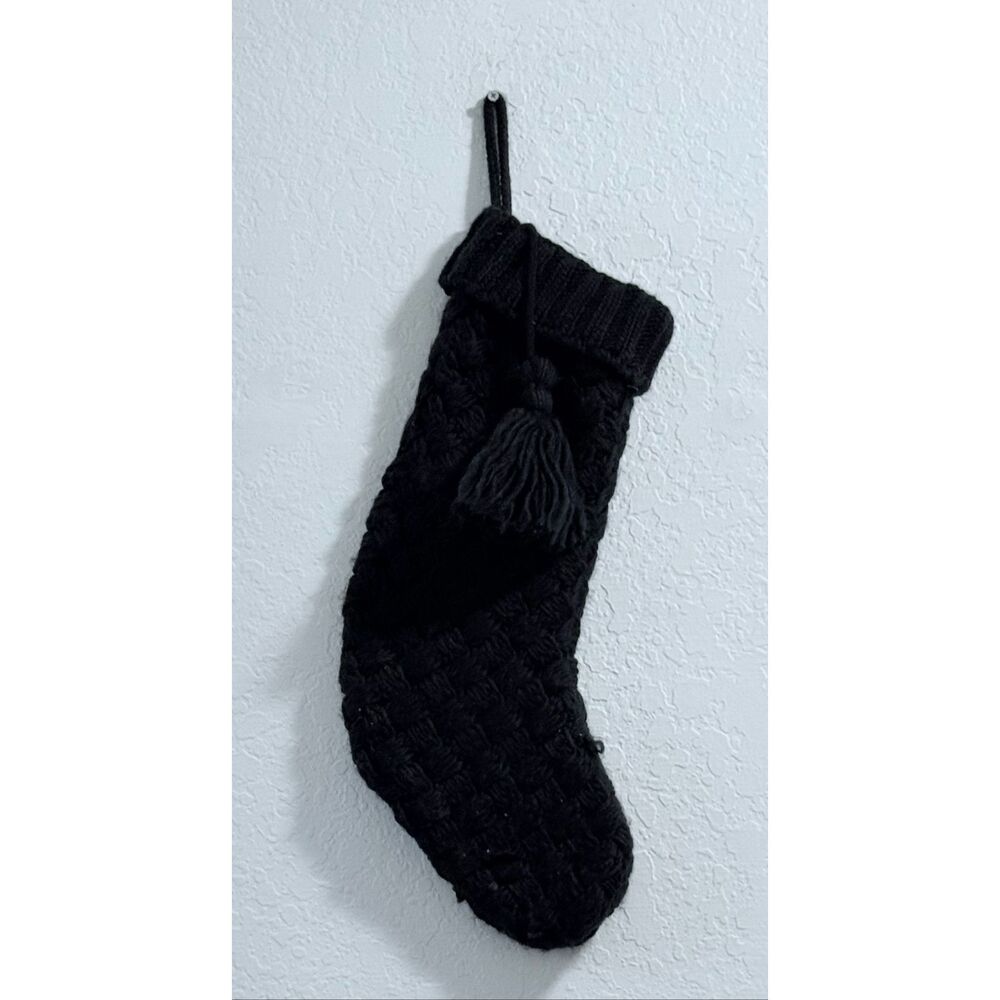 Christmas Enchanted Forest 20" Black Knit Stocking tassel cable knit